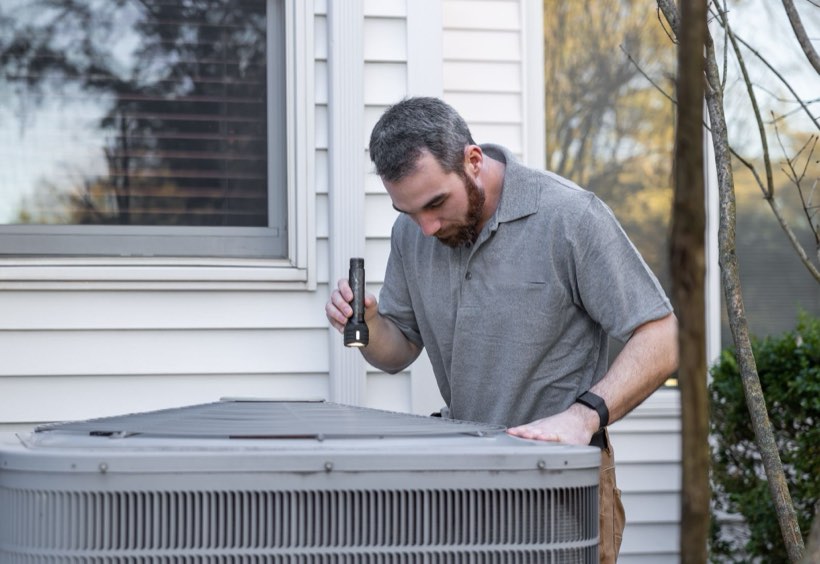 HVAC technician inspecting an outdoor AC condenser